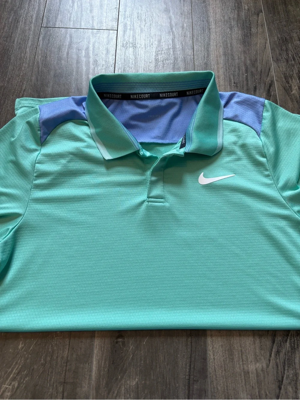 Nike Court Men's Small Dri-Fit Green Polo with Blue Shoulder Panels
